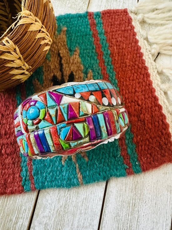 Native American Jewelry - Handmade Sterling Silver Multi Stone Inlay Cuff